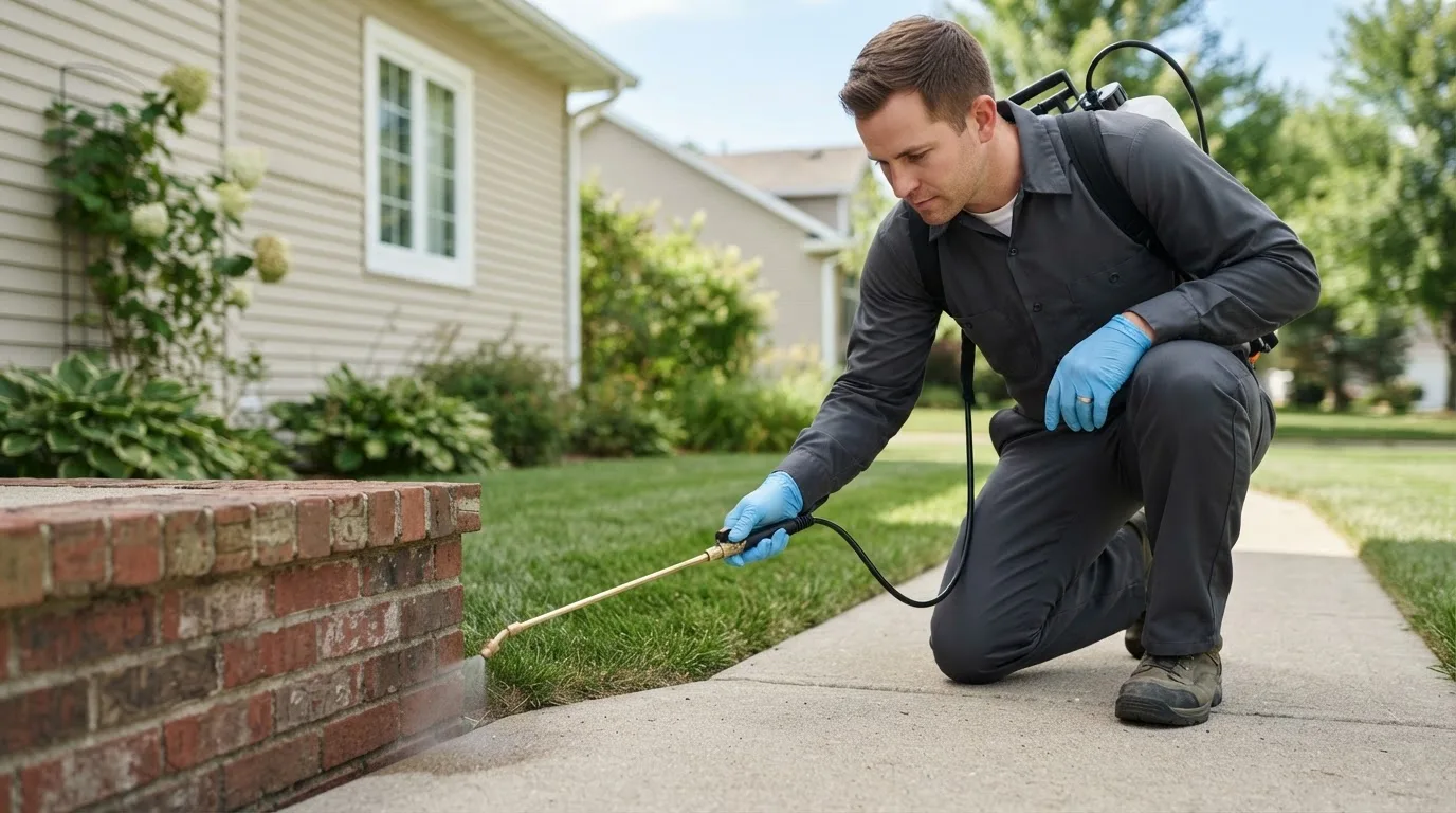 Pest control technician treating a home near Westbrook, ME